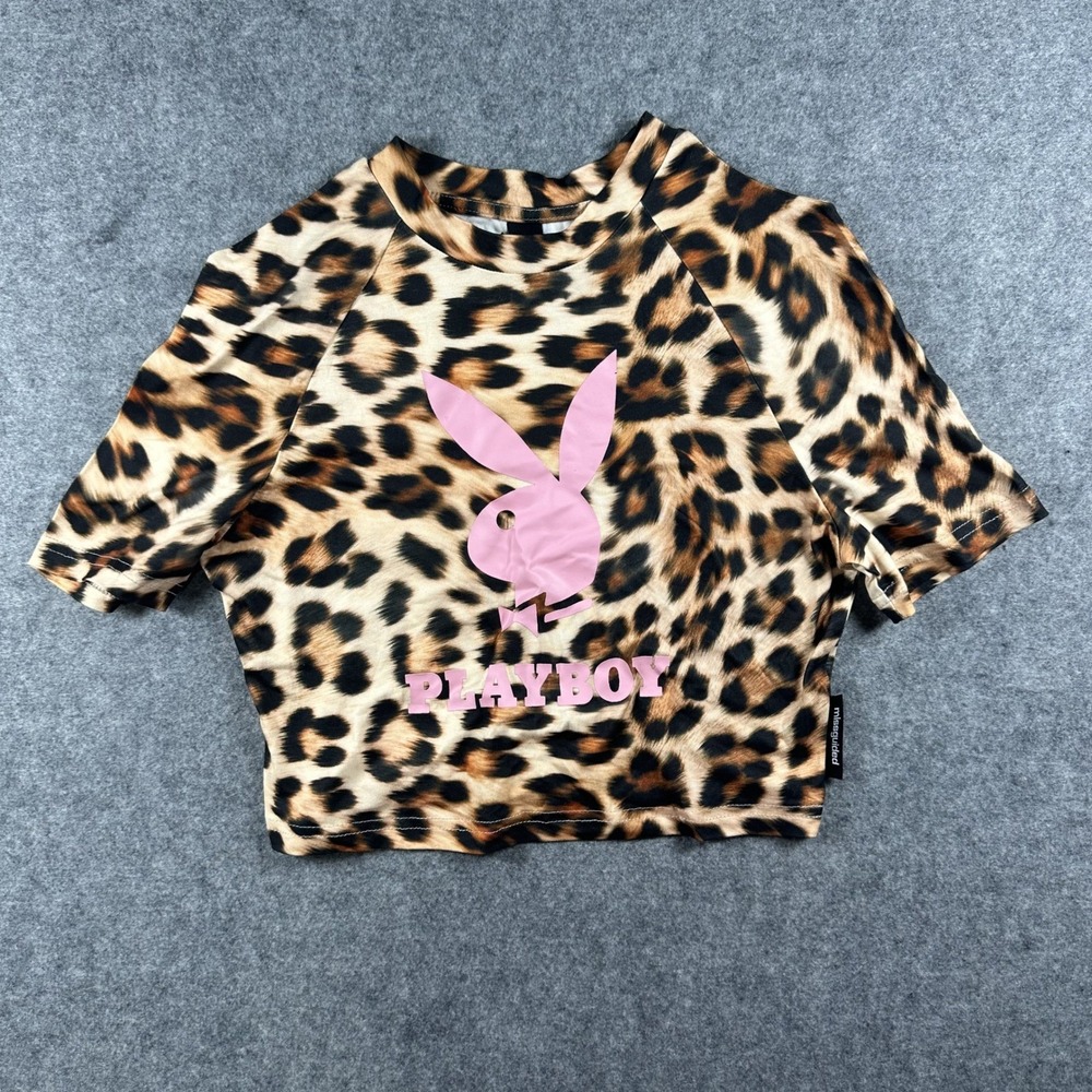 Playboy x Missguided Leopard Print Crop Top Small Brown Pink Graphic Logo